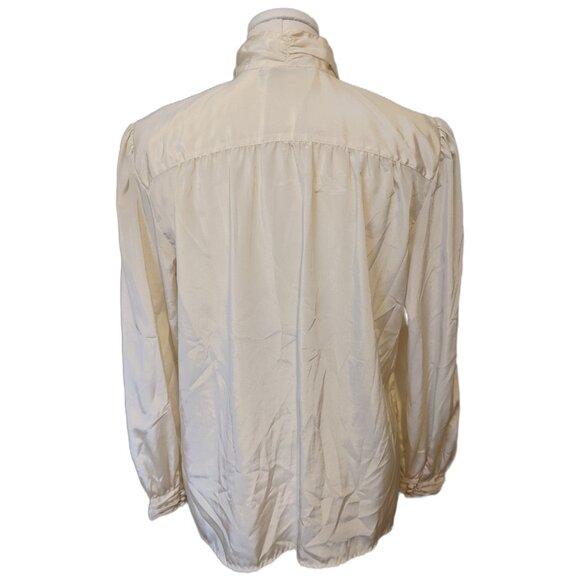 Vintage 80s Cream Satin High Neck Blouse Secretary Top Button Up Retro Sz 14 - Picture 8 of 10